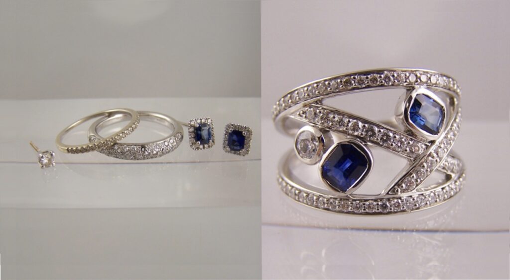 sapphire and diamond jewellery reset into strand ring