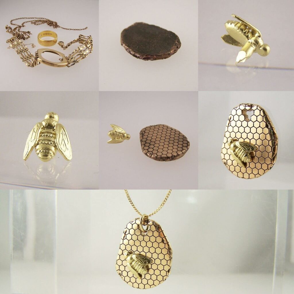 Broken jewellery remodelled into honeycomb and bee pendant