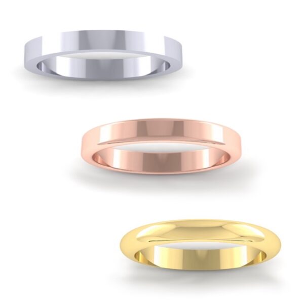 Ladies 3mm wedding ring in flat mid and D-shape profiles