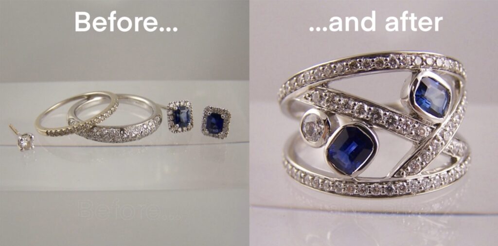 Earrings and rings remodelled into strand ring