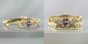 Vine leaf round engagement rings & matching wedding ring