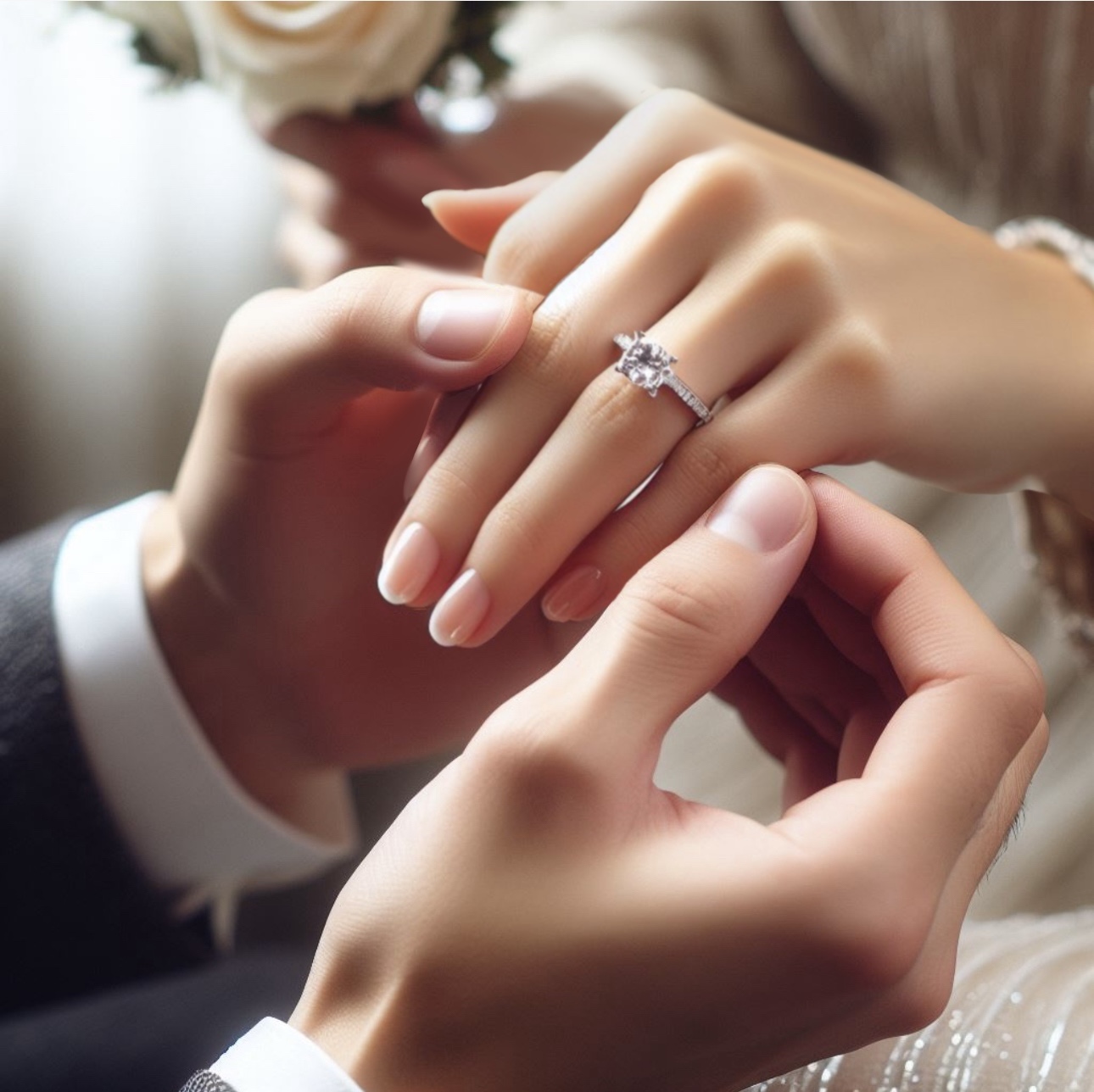 Engagement ring being placed on the ring finger on the left hand