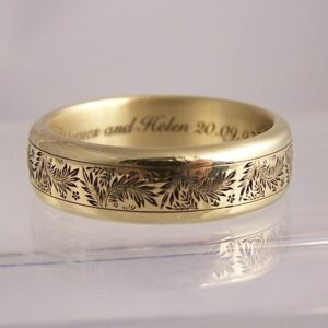 Laser engraved leaf & flower wedding ring